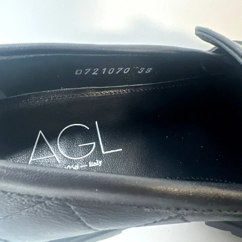 AGL Mary Quilted Leather Loafers Black Chunky Heel Women Size 38